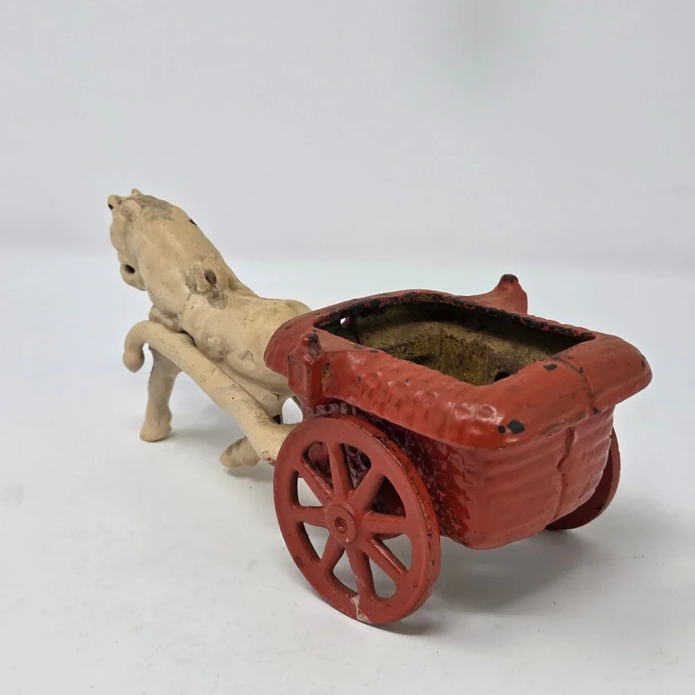 Antique Arcade Mfg Co Cast Iron Horse Drawn Cart Red Basket Wagon Toy Antique